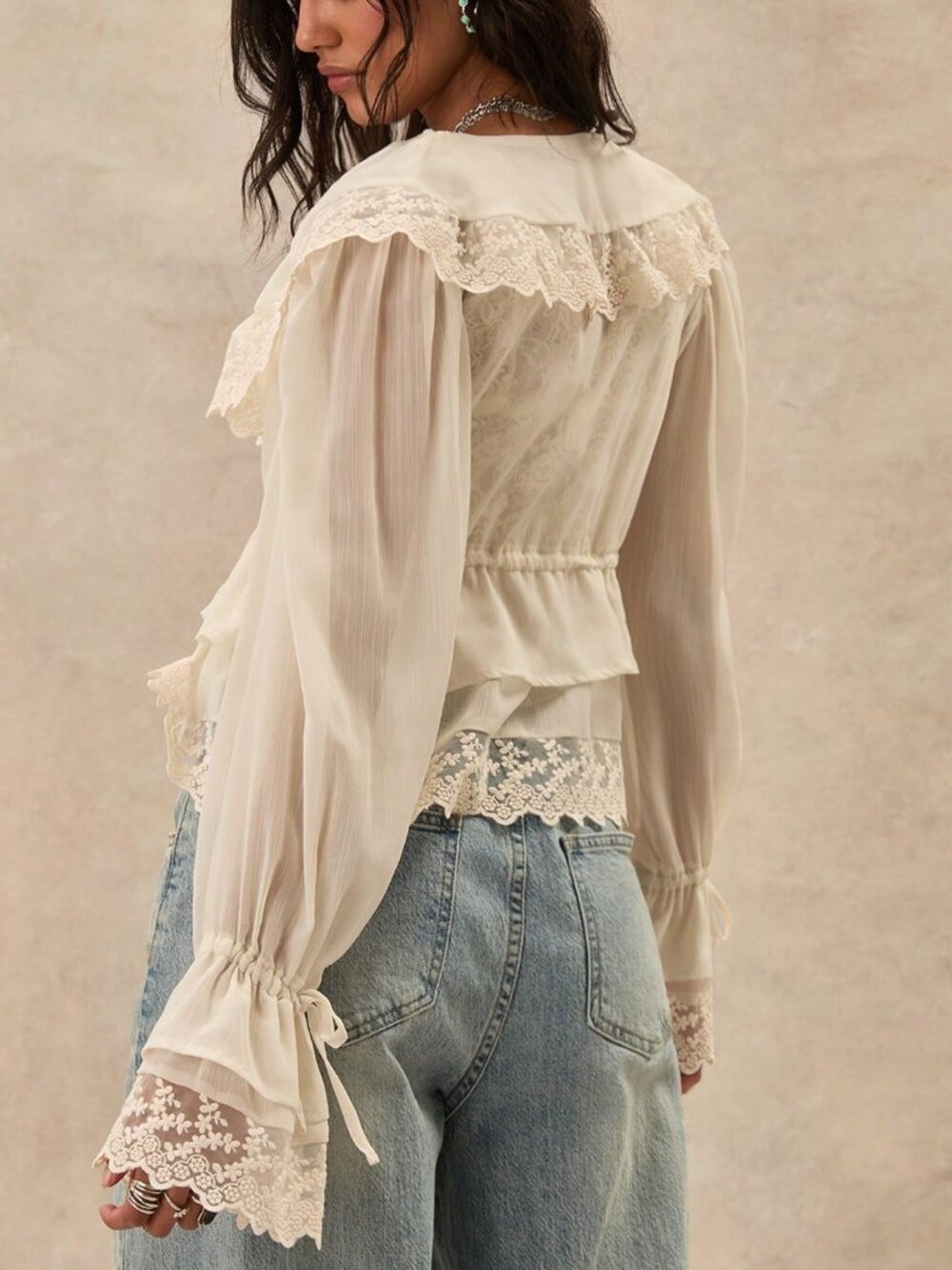 Apricot Casual Women's Bohemian Ruffled Collar Waist Lace Patchwork Blouse - Picture 2 of 8